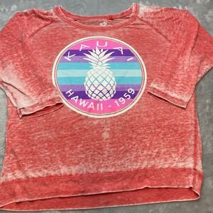 Kauai Hawaii Burnout Graphic Top Juniors XL Coral Pineapple 3/4 Sleeve Aloha